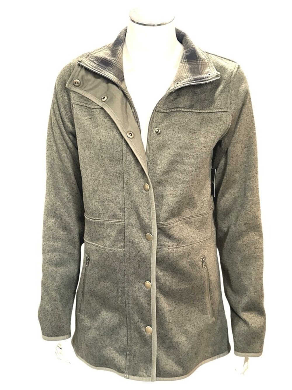 Eddie Bauer XS Green Sweater Fleece Jacket Plaid Collar Snap Front Zip Pockets